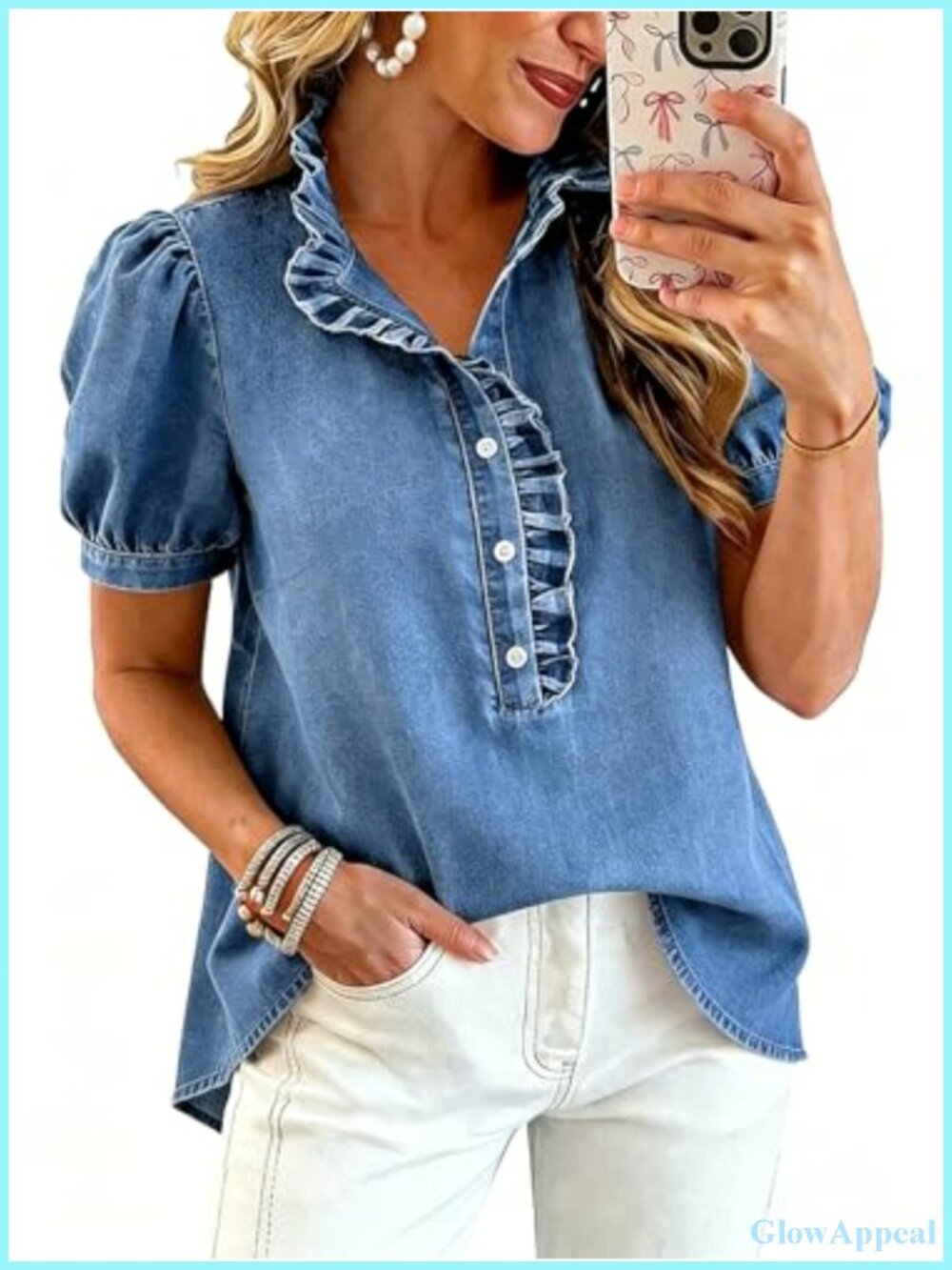 Denim Shirt Women Y2K Ruffle Top Button Down Jean Shirt